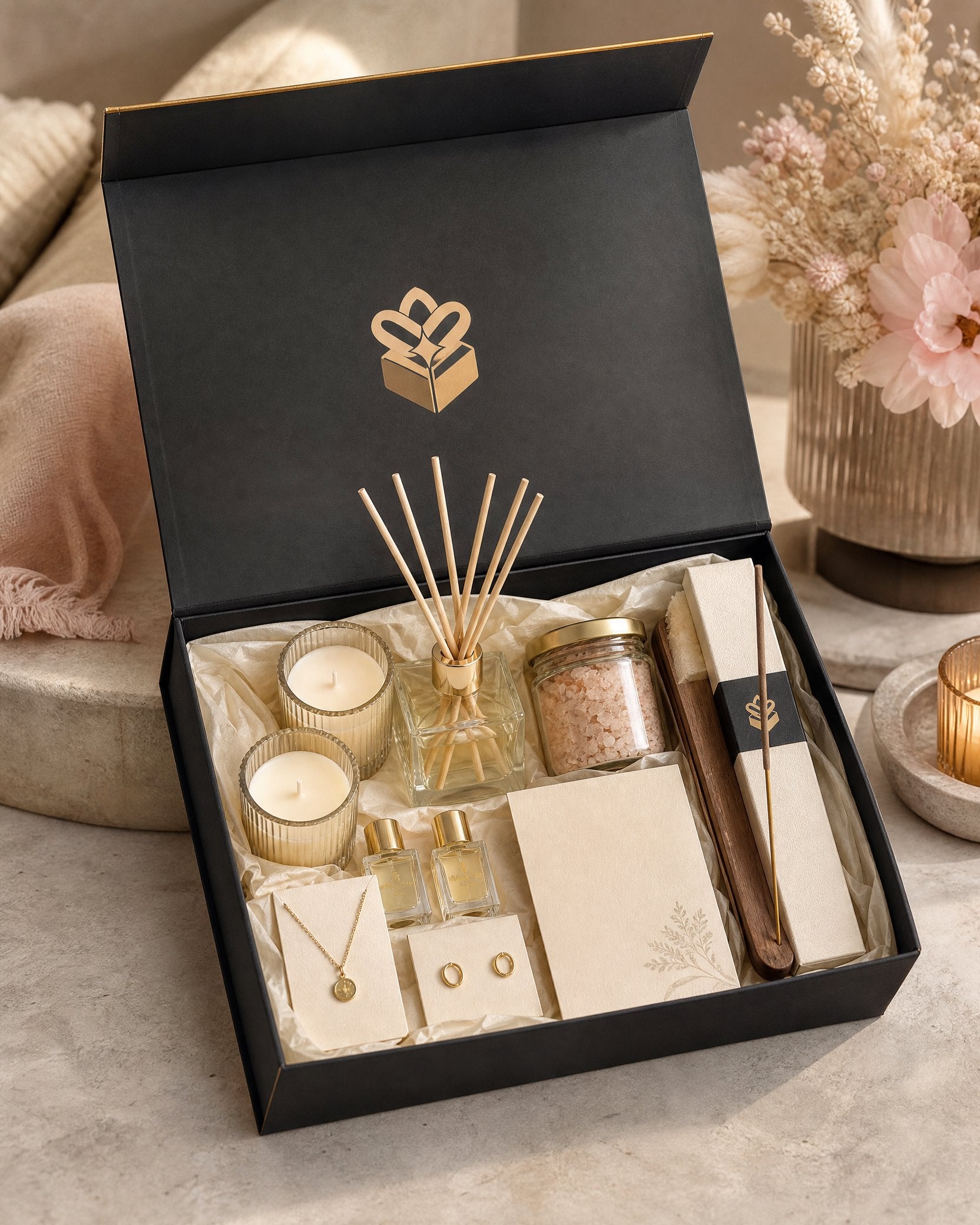 The Box Experience Signature Experience gift box in gold and charcoal presentation