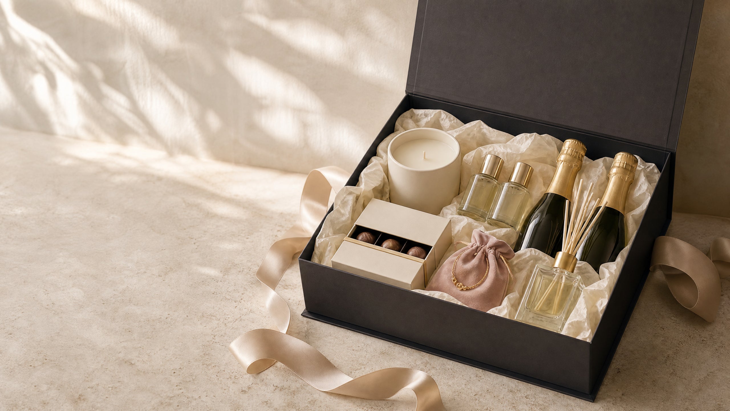 An open charcoal gift box with candle, fragrance, diffuser, jewellery, chocolates and miniature celebratory bottles